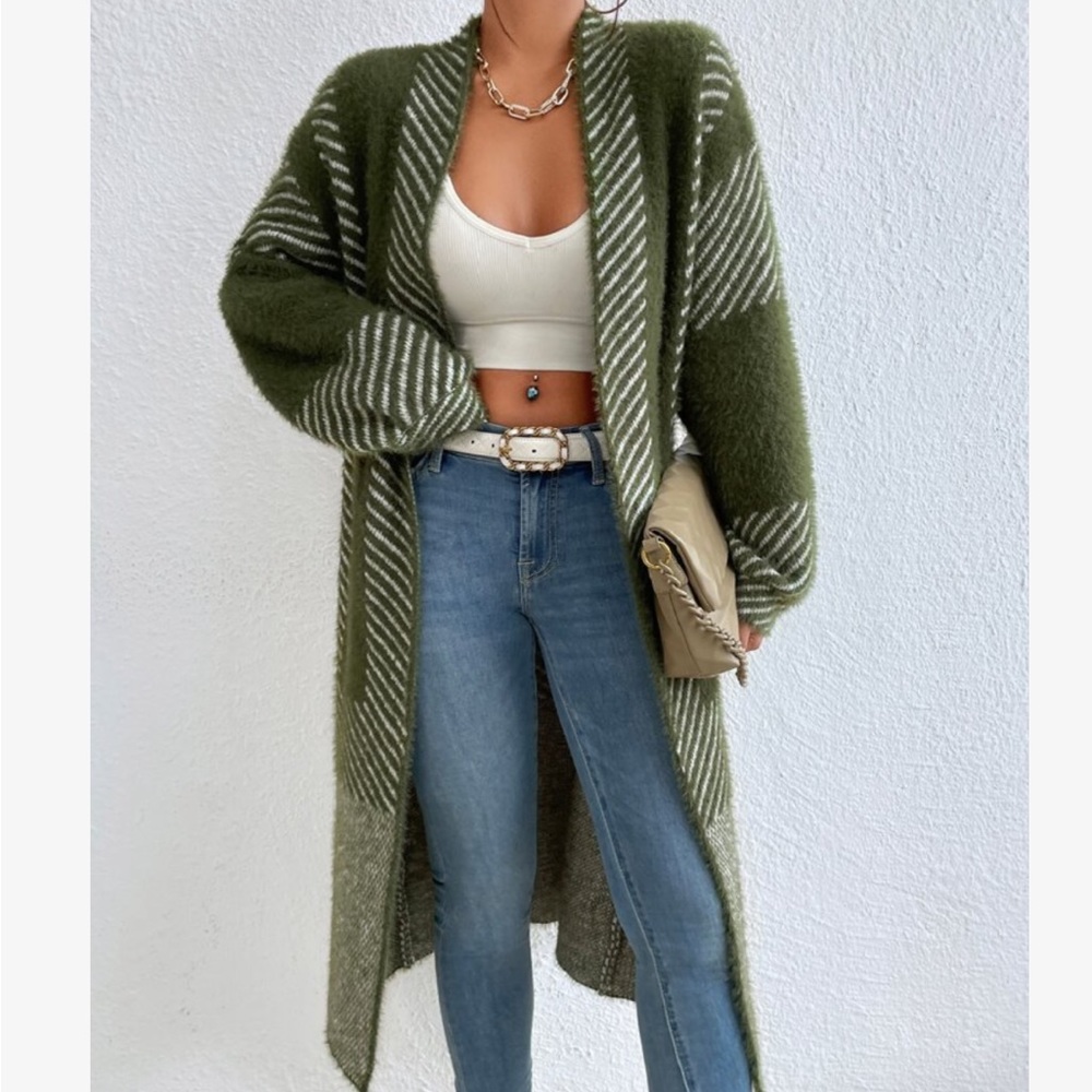 Oversized Color Block Stripes Fuzzy Open Front Duster Sweater Cardigan - Picture 8 of 10